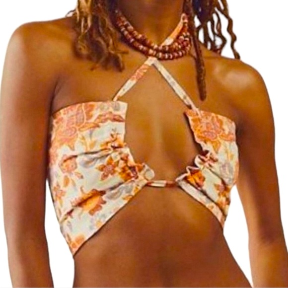Free People Orange and Cream Floral Halter Crop Top - Picture 1 of 6